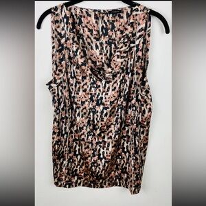 Ann Taylor Womens Shirt Blouse 10 Tan Pink Black Sleeveless V Neck Stretch